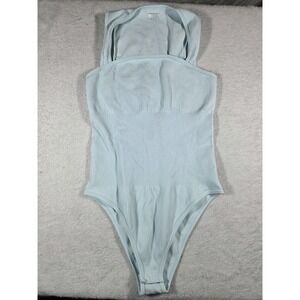 OQQ Ribbed Bodysuit Women's Large Light Blue Racerback High Cut Stretch